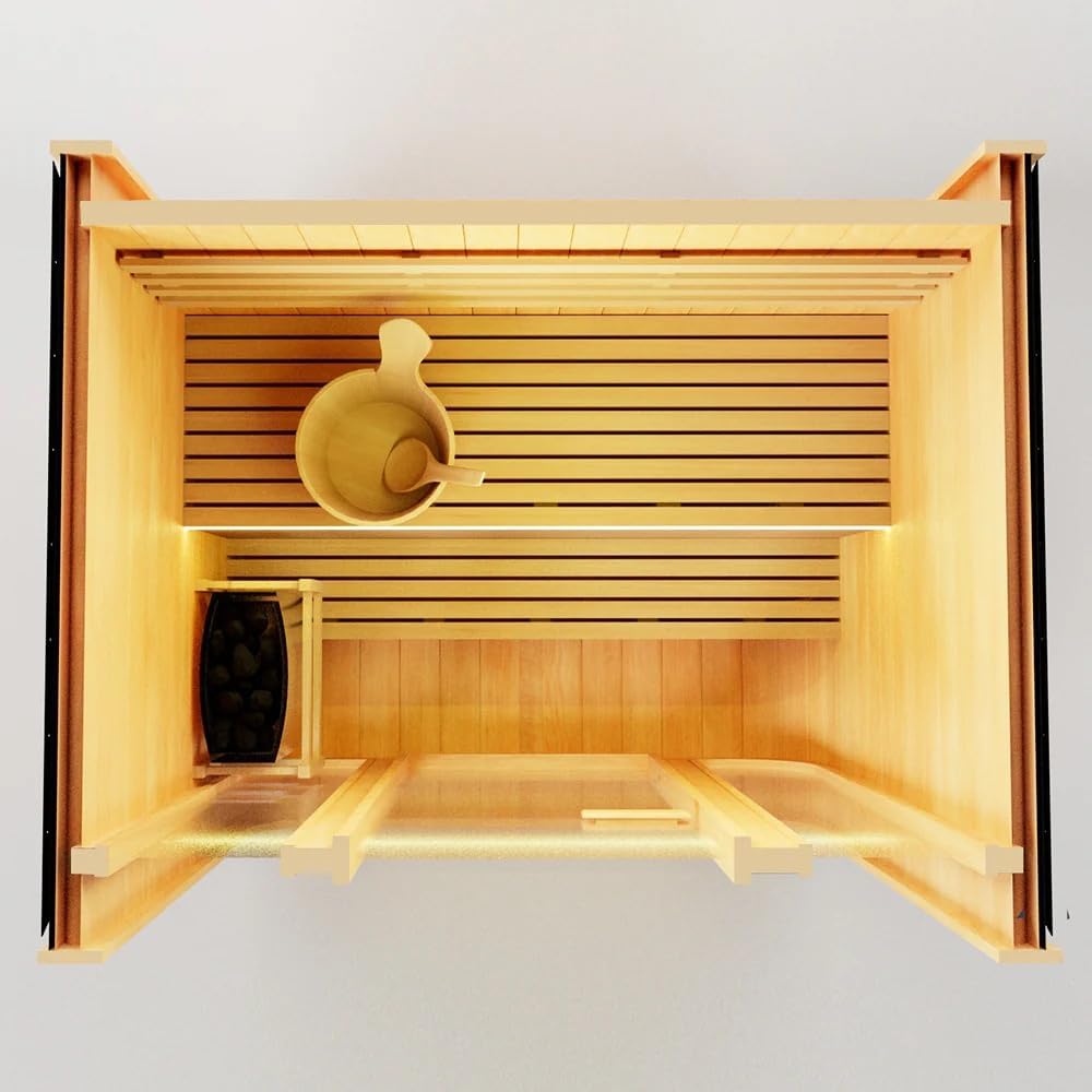 Smartmak 2 Person Indoor/Outdoor Cube Panoramic Steam Sauna Room, Traditional Canadian Red Cedar Barrel Wooden Saunas, ETL-Certified 4.5KW Sauna Stove, Rocks, Light, Relaxing Spa, 0-195℉