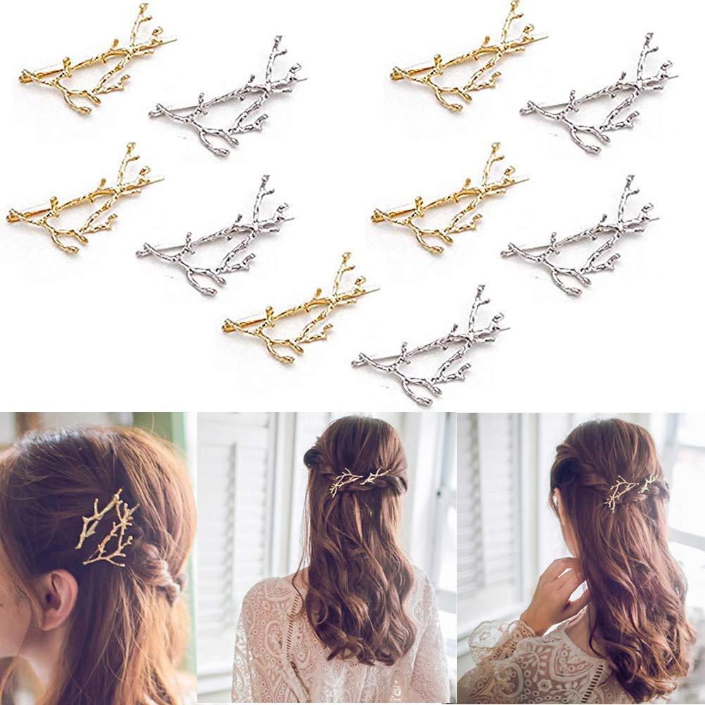 Luckycivia10pcs Minimalist Dainty Gold Silver Metal Hairpin Leaf Hair Clip Clamps,Metal Branches Hairpin Hair Accessories, Best Christmas Gifts