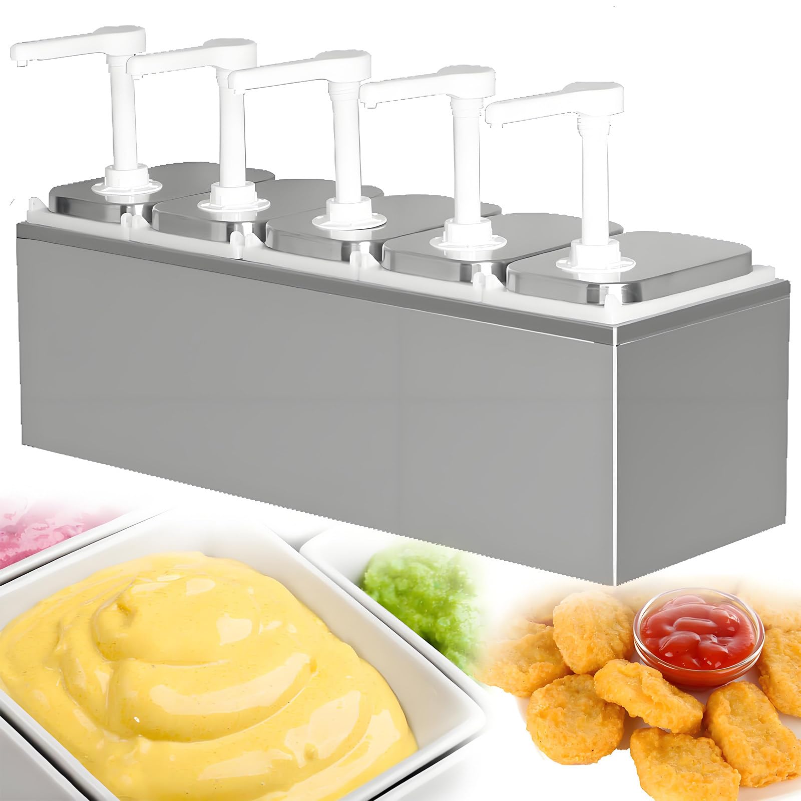 6l Saucenspender Pumpstation,Gastro Soßenspender Ketchup Spender 304 Edelstahl,Tropffrei,Spülmaschinenfest,Ideal für salatdressing,Sojasauce,Essig,Salatdressing 5Pumps2L