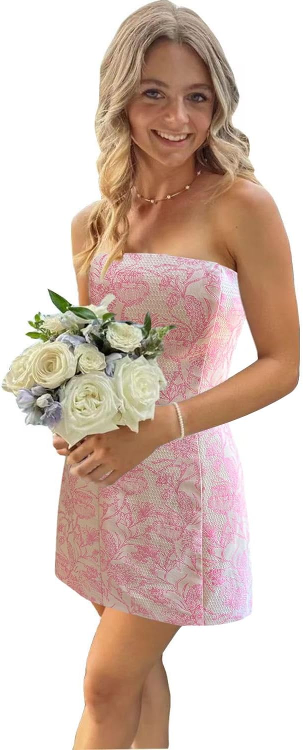 Strapless Homecoming Dresses 2025 Floral Print Formal Dress Short Satin Tight Prom Cocktail Party Gowns for Teens