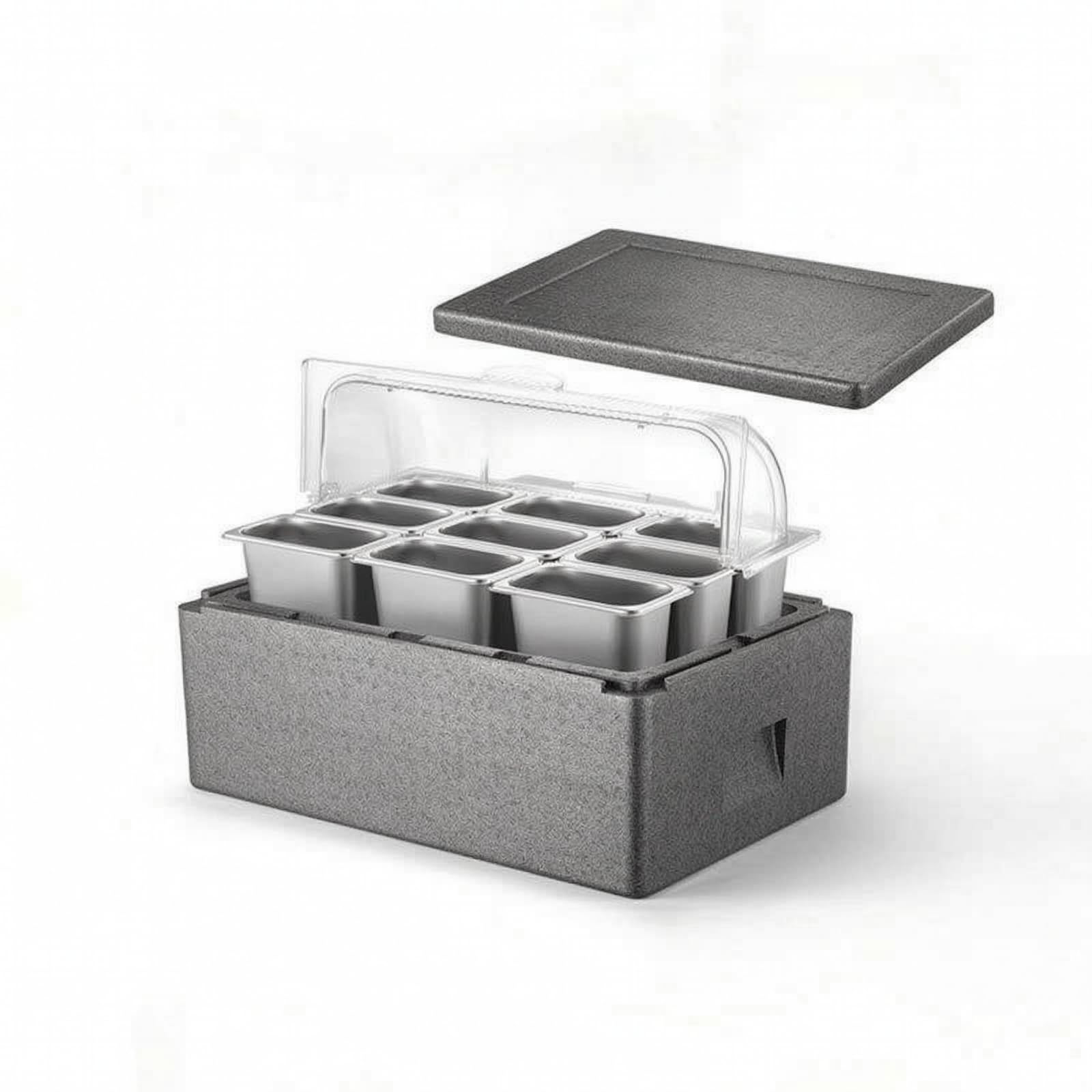 predolo Isolierbox Lebensmittelbehälter Kühlbox, 24 Liter, 9 Fächer, 24 Liter Grauer Massivdeckel + Neun Fächer Mit Klappdeckel + 4 Eisplatten 10 Eisbeutel