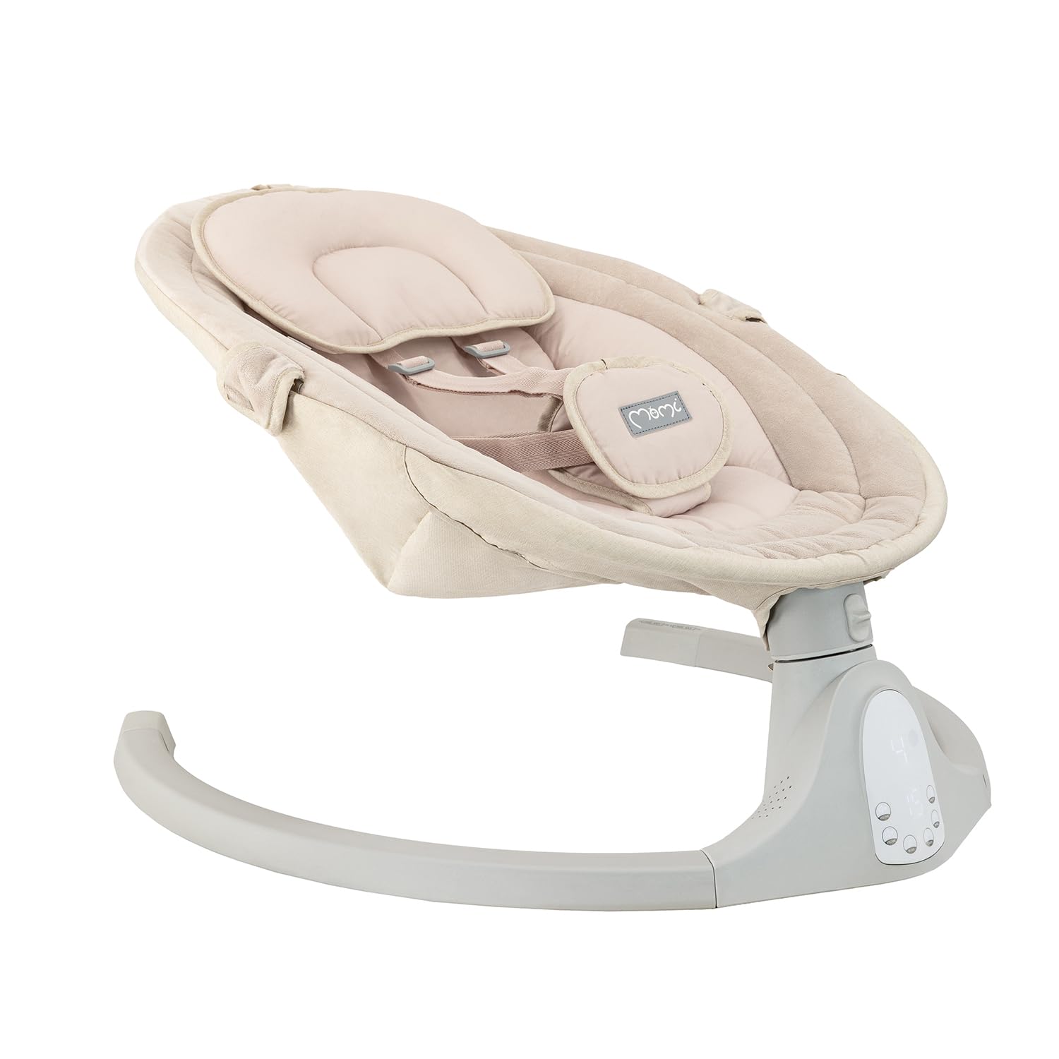 Balancelle MoMi KENANI SAND jusqu'à 9 kg, écran LED, télécommande, Bluetooth pour smartphone, alimentation piles/secteur, harnais de sécurité 5 points, arche et jouets