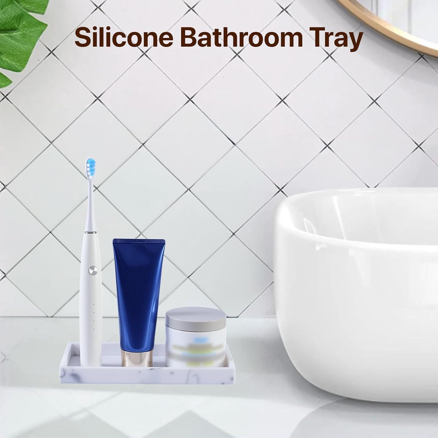 Bathroom Vanity Tray, 8 x 4 Inch Silicone Kitchen Sink Tray for Soap Dispenser Bathroom Countertop Tray Holder for Perfume Soap Towel Bathroom Trays, Mini, White Marble