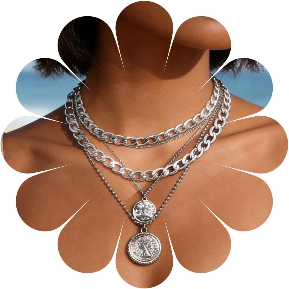 Punk Chunky Chain Necklace Exaggerated Layered Cuban Link Chain Necklace Multilayer Carved Coin Pendant Necklaces Thick Choker Jewelry for Women (Silver)