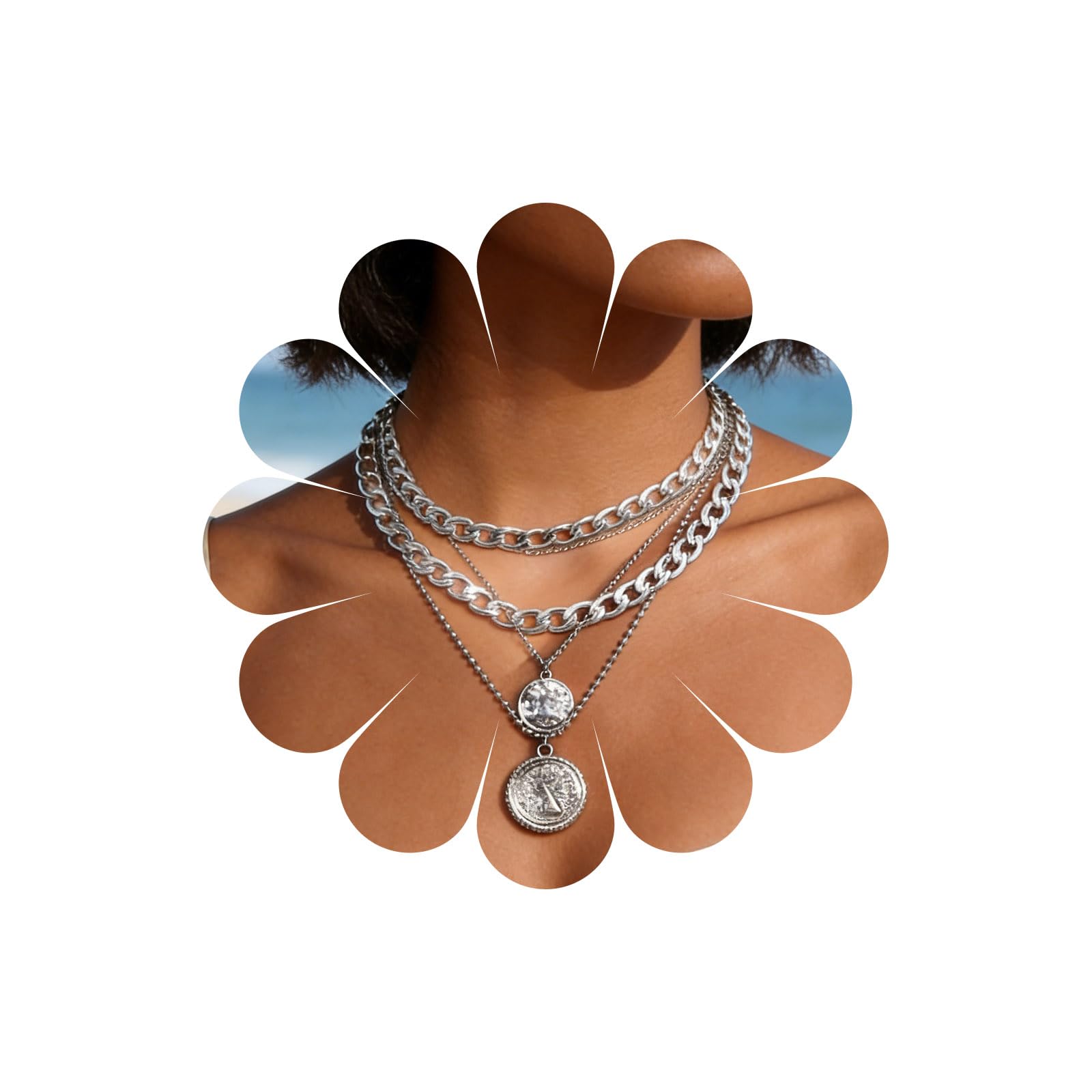 Punk Chunky Chain Necklace Exaggerated Layered Cuban Link Chain Necklace Multilayer Carved Coin Pendant Necklaces Thick Choker Jewelry for Women (Silver)
