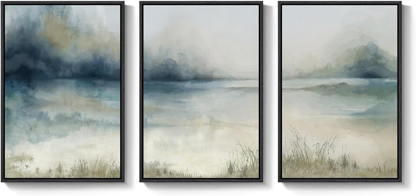 lianyibo Large Abstract Nature Landscape Wall Art 3 Piece Blue Watercolor Canvas Prints Paintings Artwork for Living Room Decor(60x90cmx3/Inner frame)