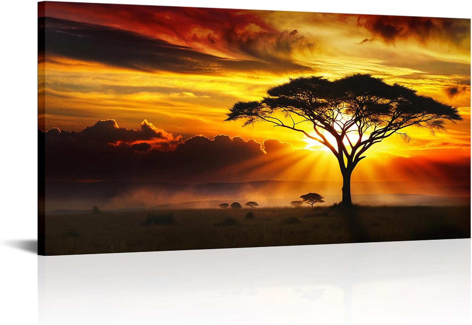 KLVOS African Landscape Wall Art Orange Sunset Tree Pictures Paintings on Canvas Neutral Africa Artwork Framed Home Farmhouse Decor