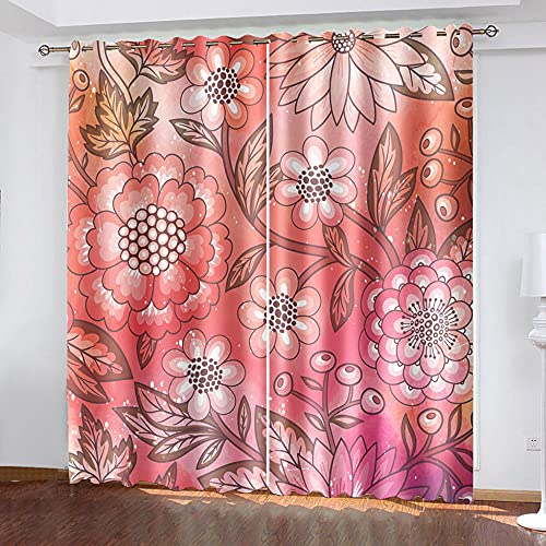 BHOMLY Fleurs Plantes Rouge Rideaux Enfants 117x137cm Rideaux Occultants Thermique - Décoration de Fenêtre Rideau Draperies à Oeillets Isolation Lumineux Bruits Tissu Maison Chambre Cover