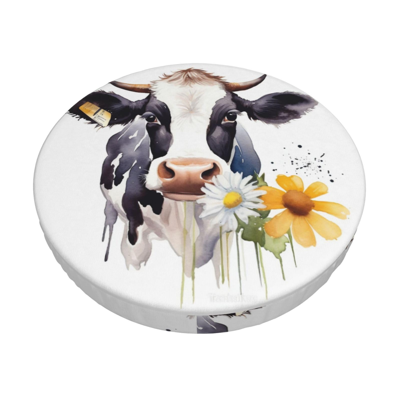 Fodpand Black Watercolor Cow And Daisy Flower Stool Covers Round 12 Inch, Stretch Round Bar Stool Seat Covers Washable Dustproof Stool Cushion Slipcover Soft Velvet Bar Chair Covers With Elastic Band