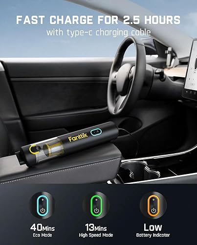 Fanttik Slim V8 Apex Car Vacuum, 4-in-1 Portable Mini Cordless Handheld Vacuum with 19000pa Suction Power, Type-C Charge, 2 Suction Modes, for Car, Office Desk, Keyboards (Black) - 4
