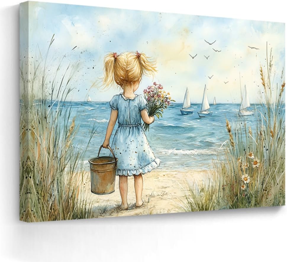 ZQQART Beach Girl Canvas Wall Art Coastal Little Girl Holding a Bouquet Pictures Wall Decor Ocean Artwork Nautical Painting Sea House Nursery Decor Framed12 L x 18" W