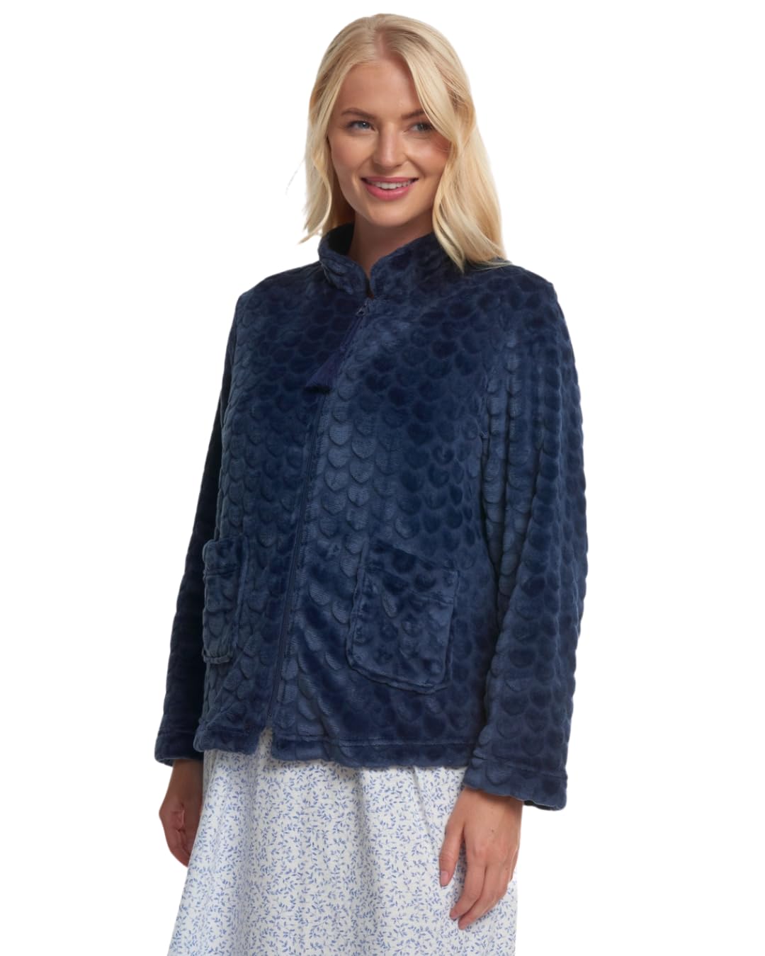 Suzy & Me Ladies Heart Embossed Zip Up Bedjacket (24-26, NAVY)