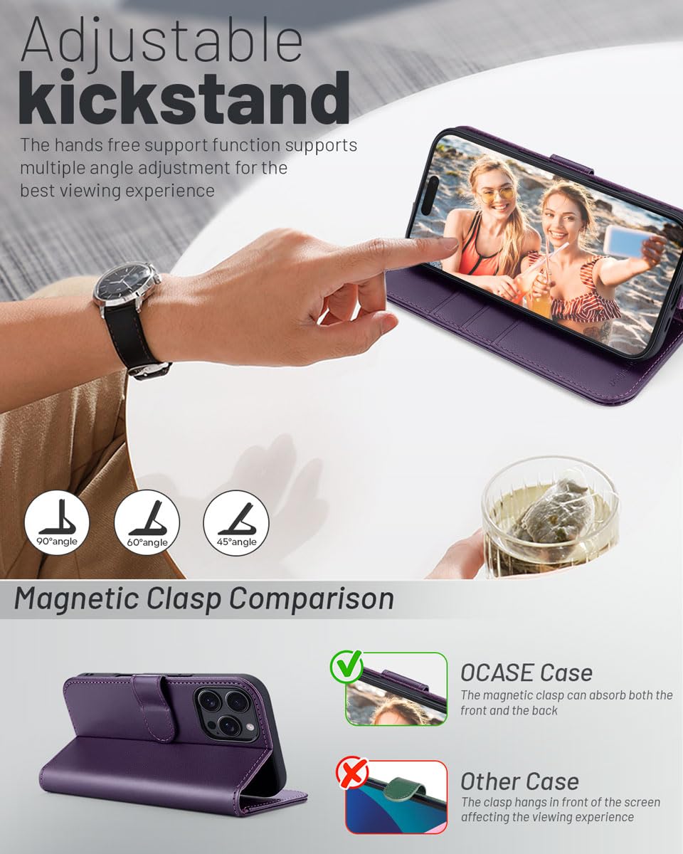OCASE for iPhone 16 Pro Case, PU Leather Wallet, Magnetic Flip Folio Cover with RFID Blocking, Card Holders, Shockproof TPU - Image 4