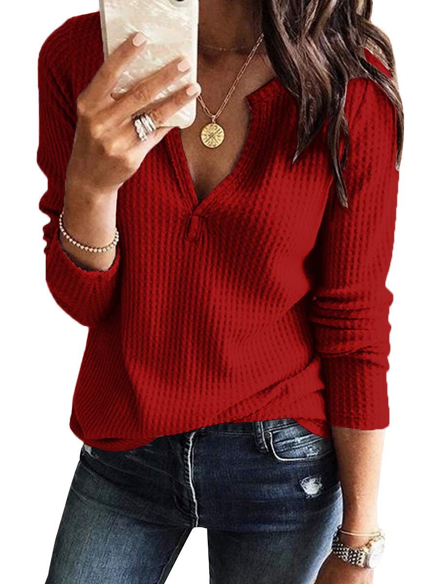 Dellytop Womens V Neck Waffle Knit Shirts Long Sleeve Loose Fitting Warm Tee Tops Sweaters Pullovers