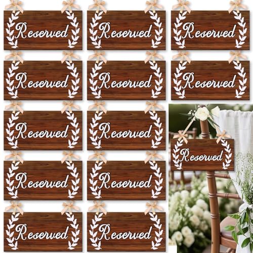 12 Pack Reserved Signs for Wedding Chairs Wooden Reserved Seating Row Signs with Bow Ribbon for Wedding Reception Party Restaurant Church Events Pews Decoration