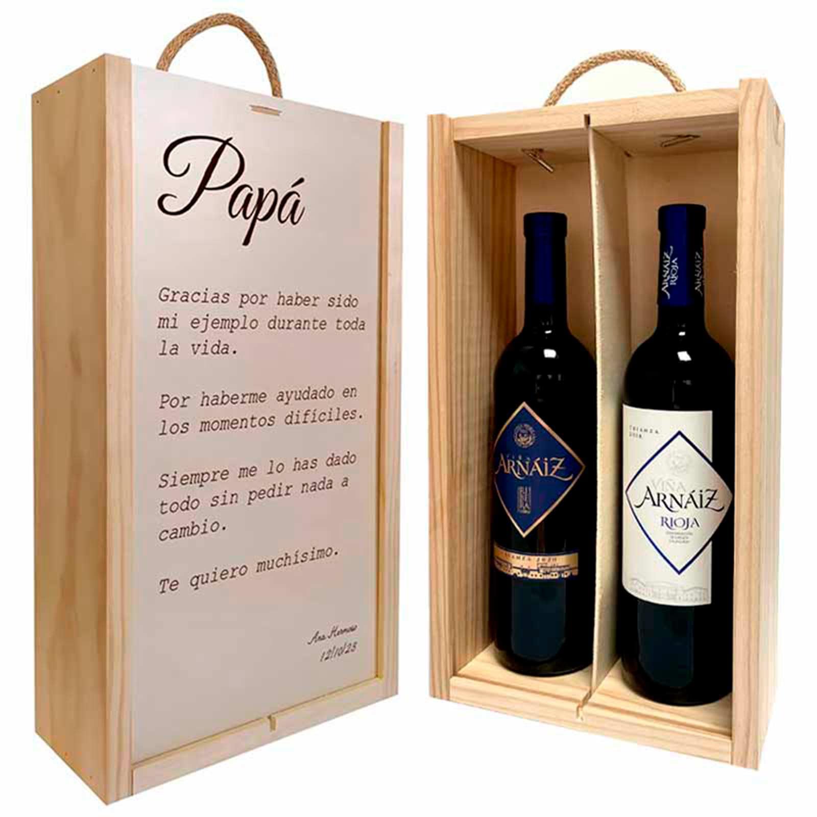 Adri - Caja de Madera Personalizada con 2 Botellas de Vino Incluidas (Rioja Crianza y Ribero del Duero) - Regalos Personalizados Originales para Padres, Madres, Hermanos, Abuelos (FRASE PAPA)