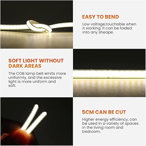 Miniatura 2 de Xunata Tira LED COB de 13.1 pies13.1 ft, USB 5 V 320 LEDsM, tira LED flexible regulable 4500 K, banda LED COB blanca natural, no impermeable, tira