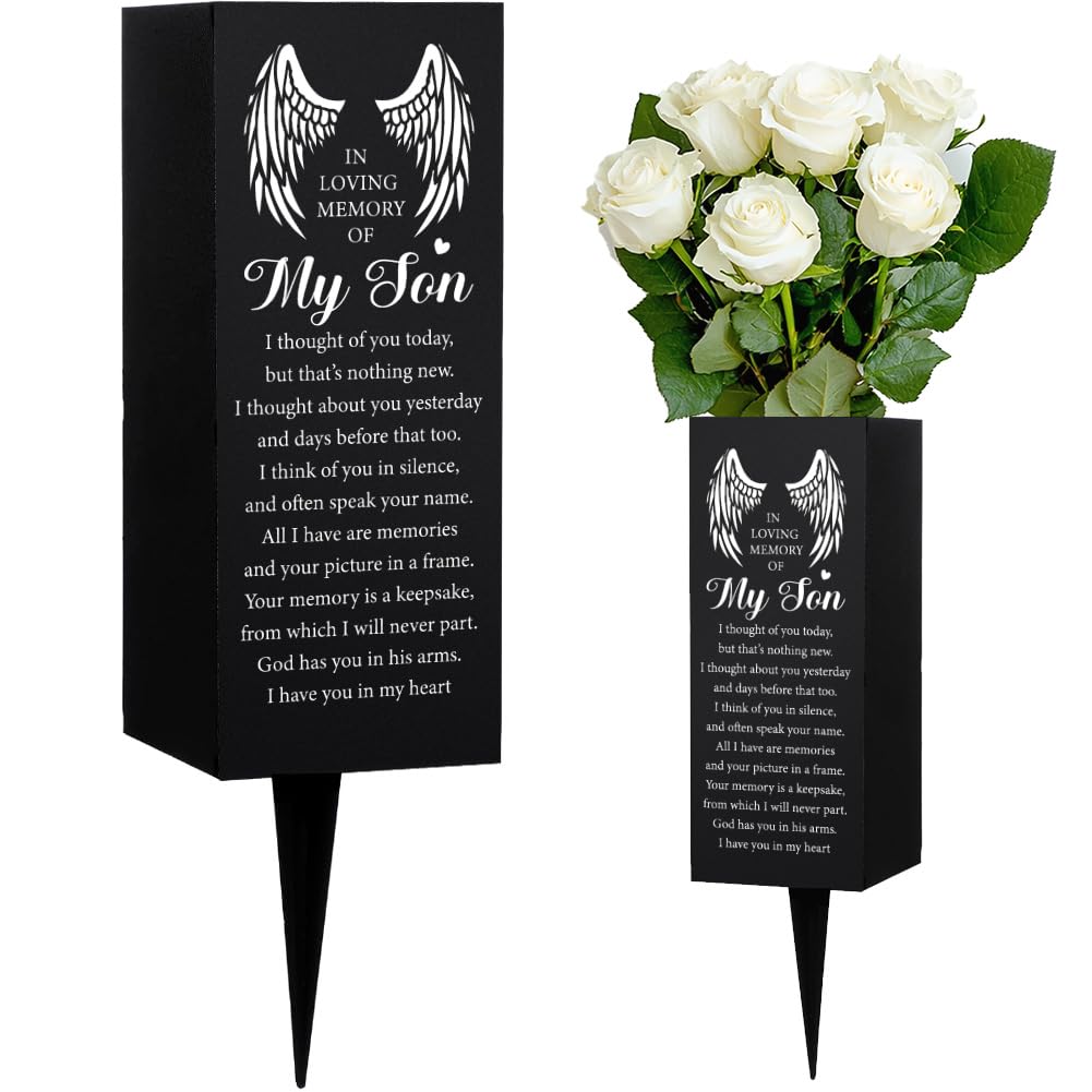WEBEEDY Son Memorial Cemetery Vases for Grave with Spikes Angel Wing Grave Decorations for Cemetery, In Loving Memory Graves Vases Funeral Sympathy Gift for Loss of Son, Memorial Day, 8x20cm, 1 Pcs