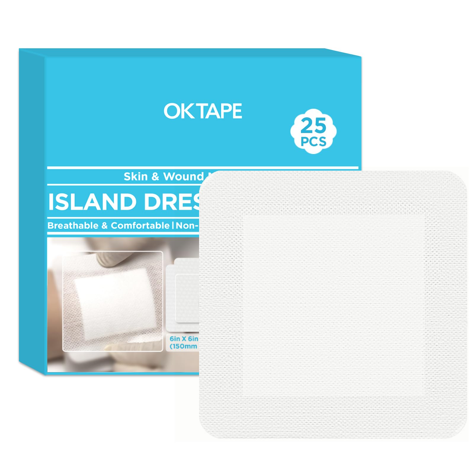 OK TAPE Bordered Gauze Island Dressing 6"x6",25 Count Wrapped Gauze Pads,Non-Woven Sterile Wound Dressing with Highly Absorbent Pad,Soft and