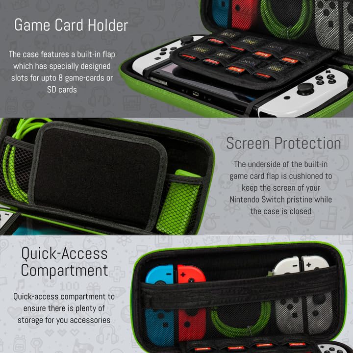 Image of Orzly Carrying case for Nintendo Switch OLED and Switch Console - Green Protective Hard Portable Travel case Shell Pouch for Nintendo Switch Console & Accessories