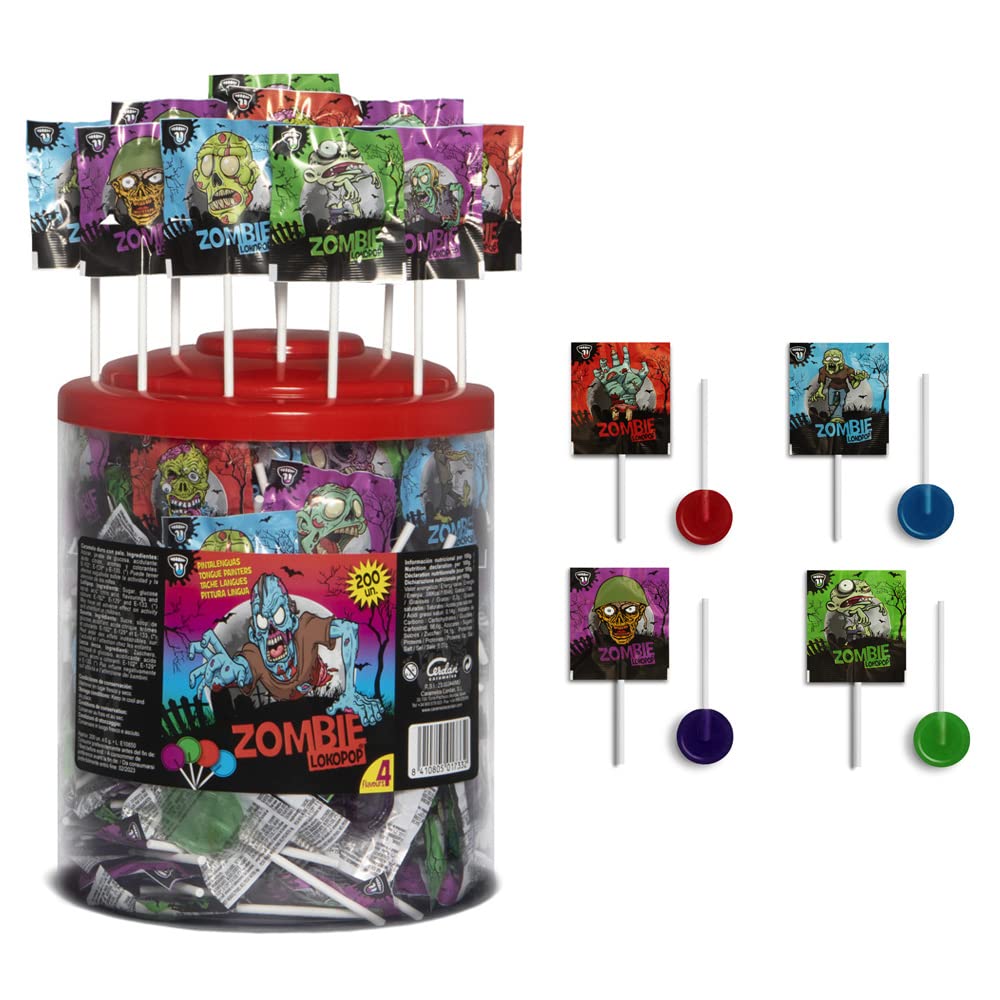 Caramelos Cerdán - Piruletas Zombie LokoPop Pintalenguas de Sabores Variados | Tarro de 200 Unidades | Caramelos Sin Gluten ni Alérgenos | Ideal para Fiestas, Eventos y Cumpleaños