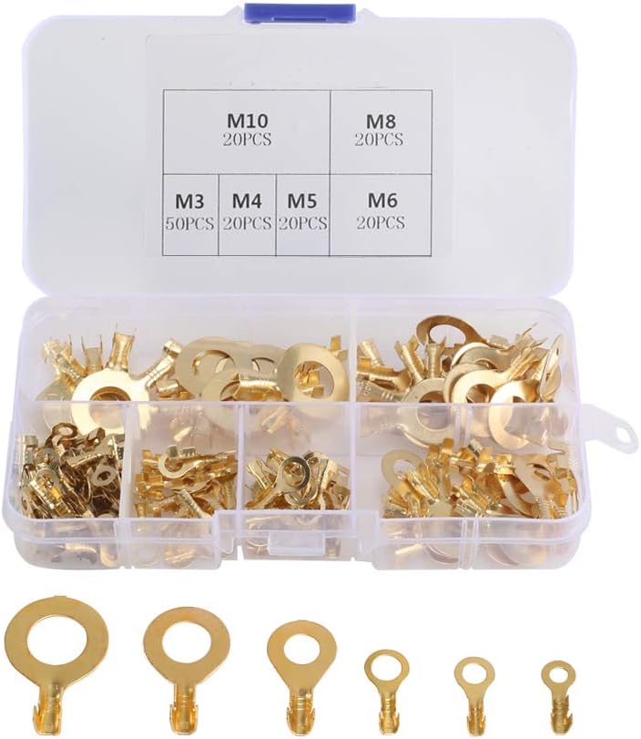 KINDPMA 150 Pcs Ring Terminal Cable Lugs Wire Lugs Wire Ring Connectors Brass Crimp Cable Connector Wire Terminals Assortment Kit Cable Ring M3 M4 M5 M6 M8 M10