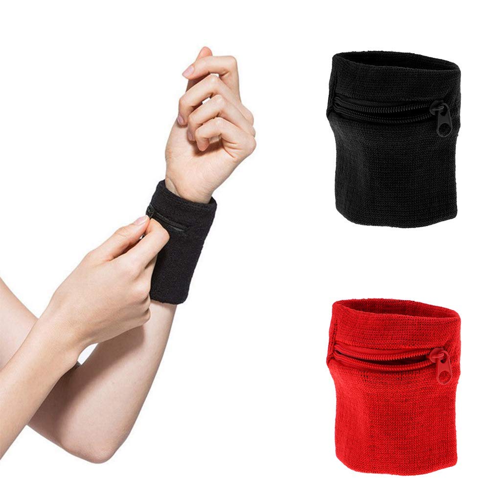 Sitrda Lot De 2 Bracelets De Sport élastiques – Noir/rouge, Poche à Fermeture éclair, Multi-sport, Adulte