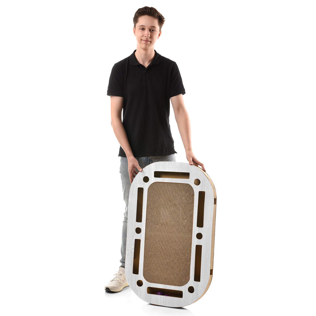 CanadianCat Company | XXL Katzenspielplatz 85 x 54 x 5,8 cm mit integrierter Kratzpappe Katzenspielzeug Kratzbrett in hellgrau gekalkter Holzoptik Kratzkarton