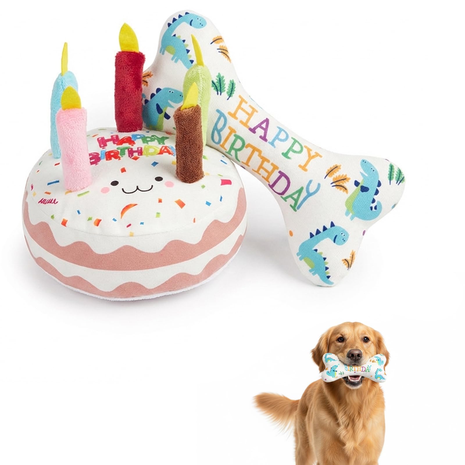 DNTHYRIN 2PCS Dog Birthday, Dog Birthday Present for Celebrations, Interactive Play and Training Reward, Light Blue Dinosaur and White Brown Birthday Cake Design