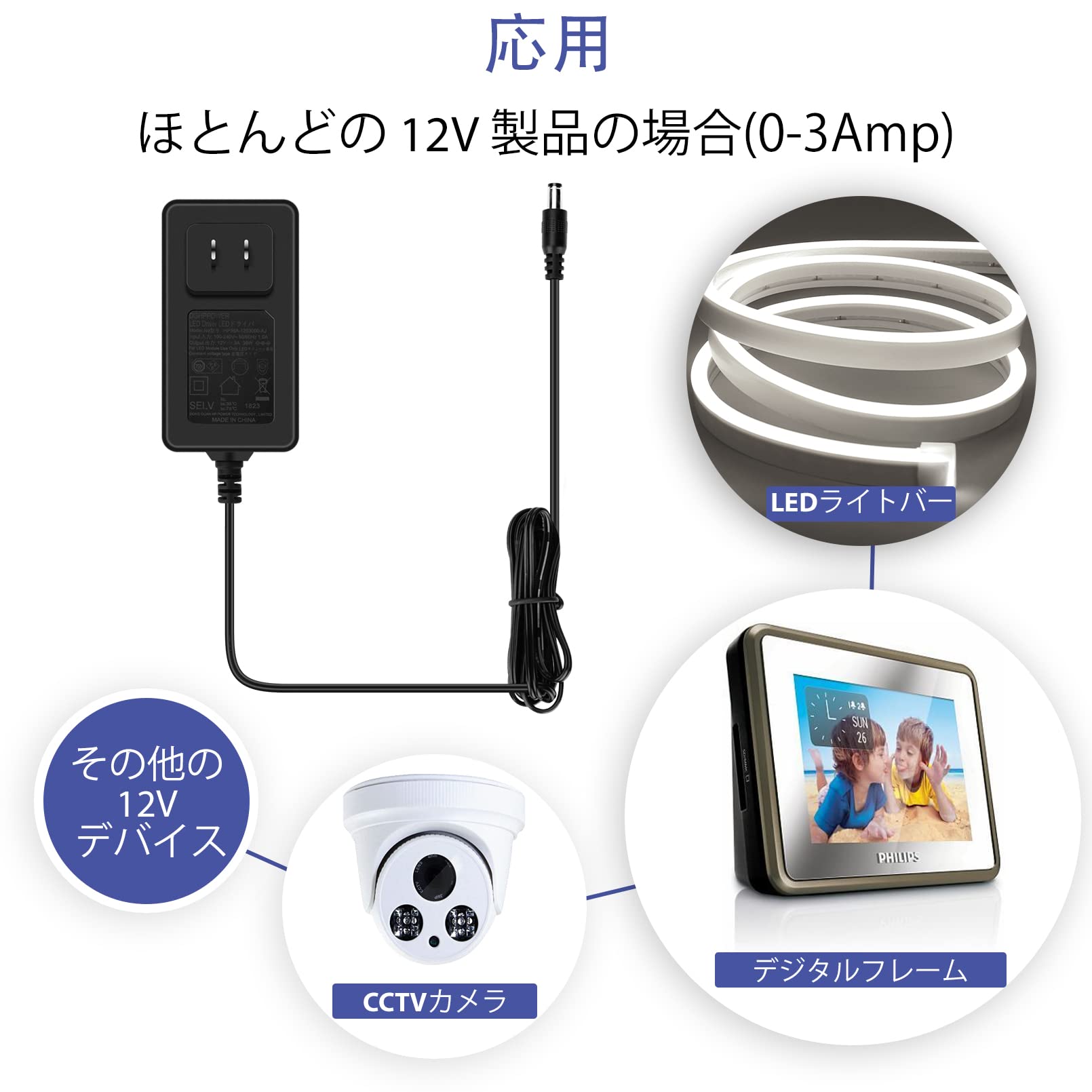 Amazon.co.jp: LED テープライト、Lamomo 12V 3A 電源アダプタ 120V AC  