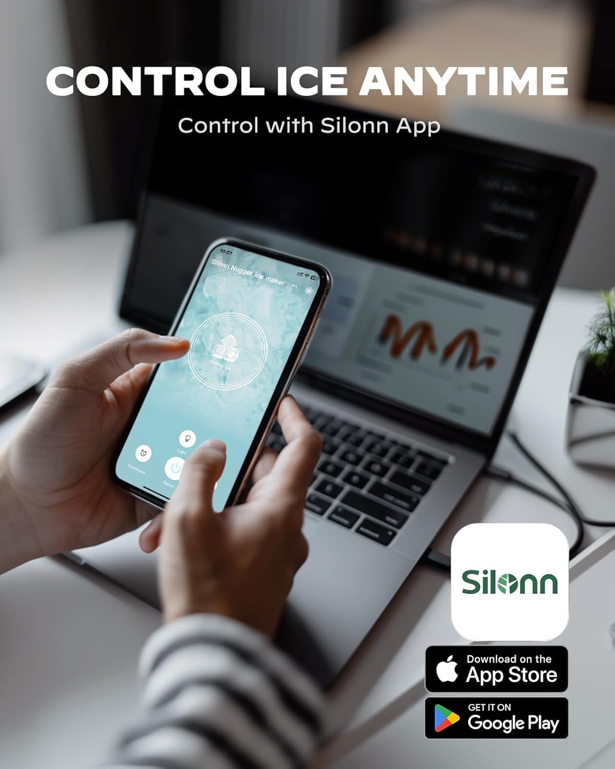 Silonn WiFi Nugget Ice Maker Countertop, 33lbs/24h Soft Chewable Pebble Ice Machine, Timer Function & App Status Alerts, Compact For Home, Kitchen & Office Use on Fridge.com - View 2