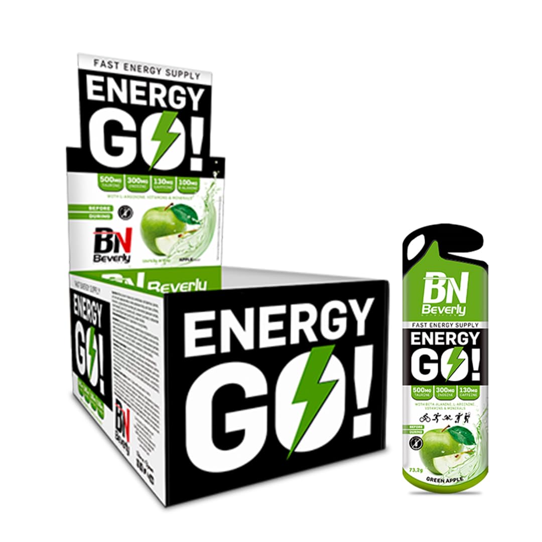 Beverly ENERGY GO | Gel Energético | Estuche de 12 geles de 73 gr cada uno | Delicioso sabor | Aumento de fuerza y resistencia antes y durante el ejercicio. (MANZANA)