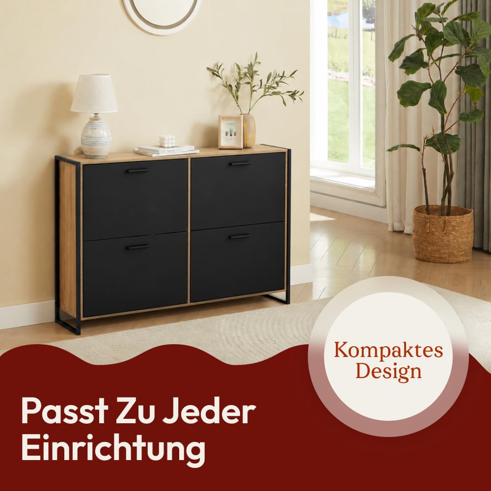 CASABEL Schuhschrank 24 Paar, kompakte Konsole, Schwarze Türen, Holzrahmen | Schuhaufbewahrung, 4 Klappen, große Kapazität, verstellbare Regale, platzsparend, Industriedesign, einfache Montage