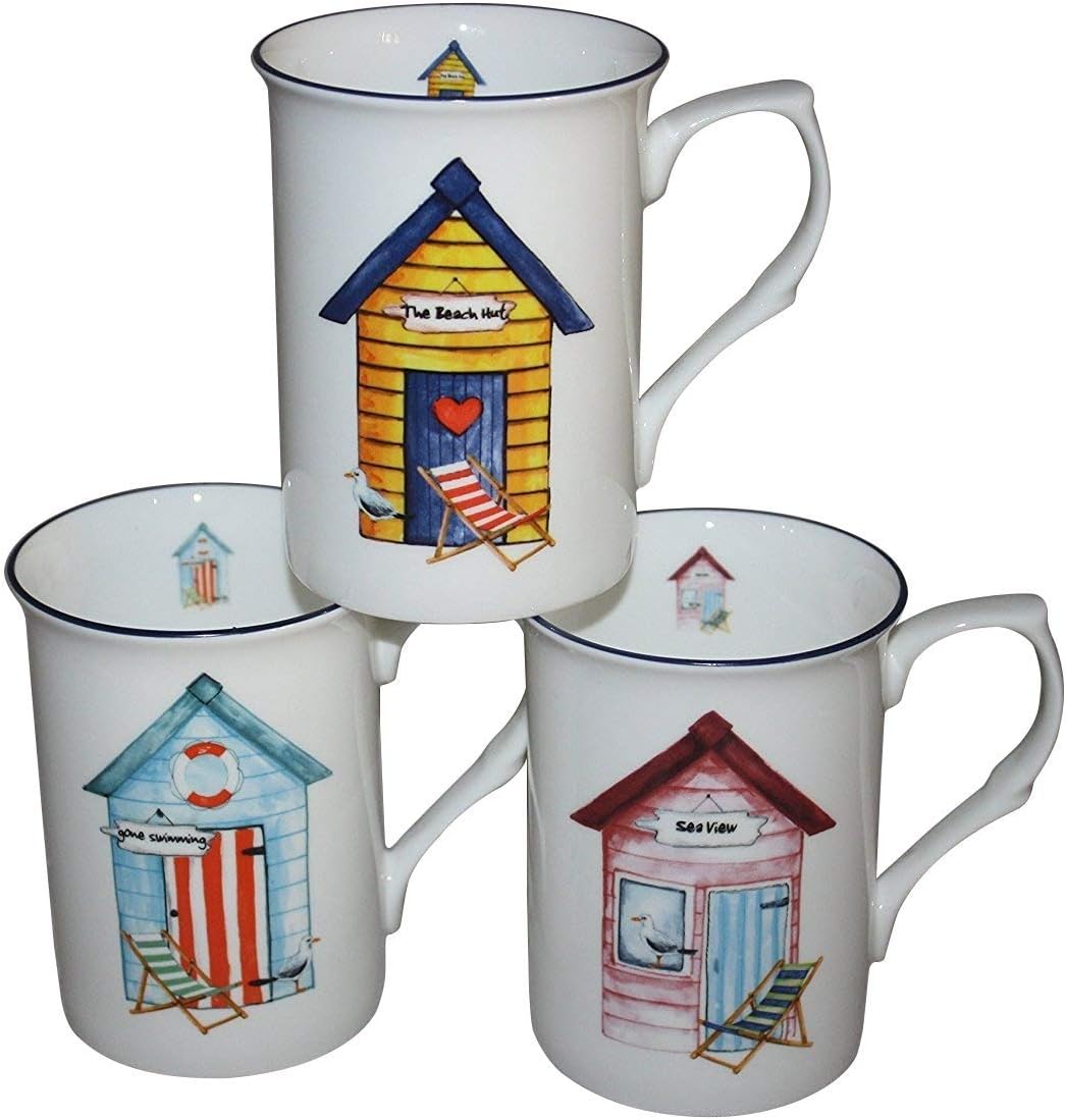 OAKS KABIN BEAUTIFUL SET OF 3 FINE BONE CHINA COLOURFUL BEACH HUT MUGS CUPS GIFT SET