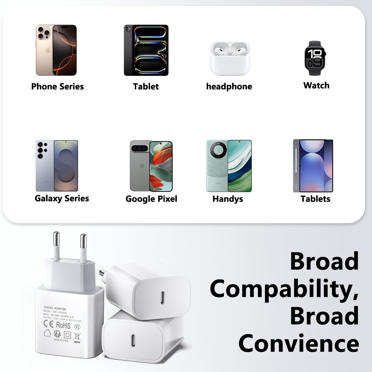 Presa USB C, 25W USBC Caricatore Compatibile con iPhone 16/16 Pro/16 Pro Max/Plus/15/14/13/12/11/XS/Galaxy/S24/S23/S22/Caricabatterie Rapido Alimentatore Spain Ricarica Adattatore Muro[3-pack]