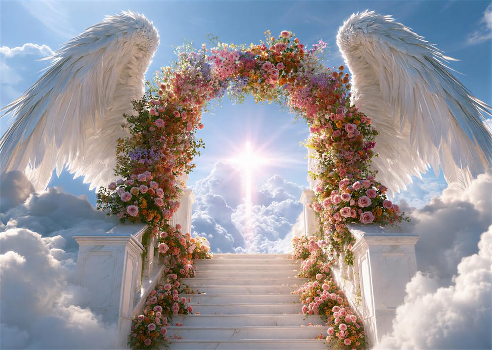 BELECO 3x2m Sfondo in tessuto Scala Verso Il Cielo Ali D Angelo | Arco Floreale Croce Luminosa Cielo Sfondo Decorazioni di Festa Striscia Accessori Fotografia