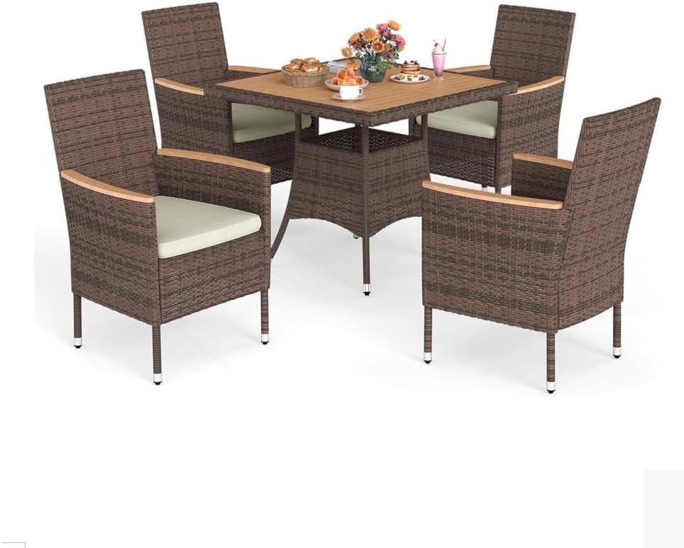 Square Rattan Patio Dining Table with Solid Acacia Wood Top for Outdoor Entertaining