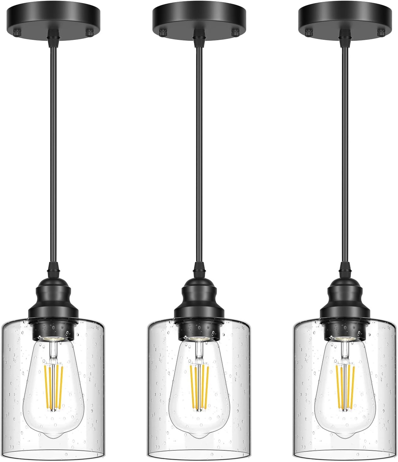 Licperron Modern Pendant Light Fixtures 3 Pack, Adjustable Hanging Ceiling Lamp with Seeded Glass Shade, Farmhouse Black Pendant Lighting for Kitchen Island, Dining Room, Bedroom, Hallway - 