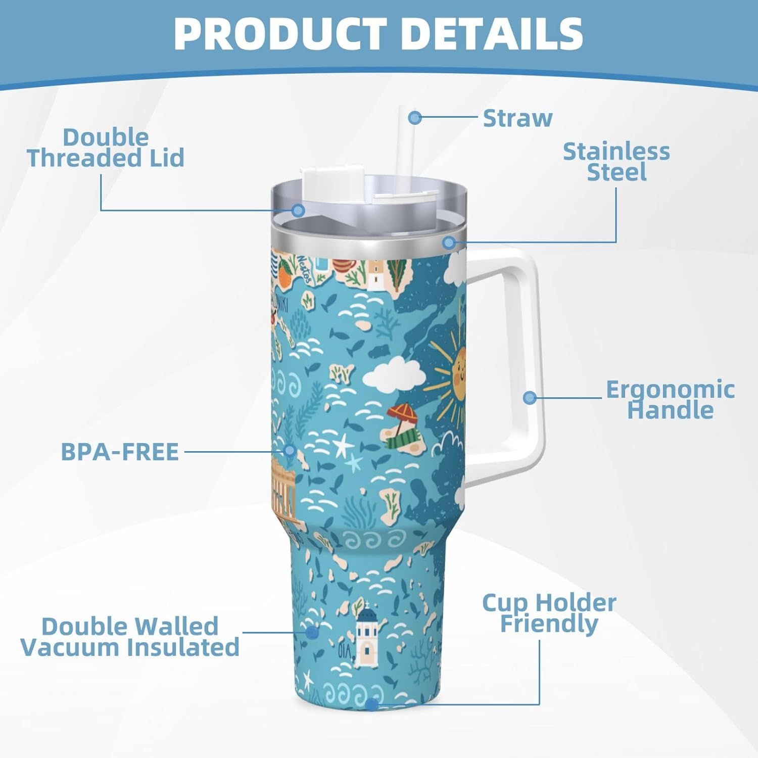 40 OZ Greece Map Print Ice Bully Cup with Handle Straw Lid Straw,Stainless Steel Tumbler Coffee Cup