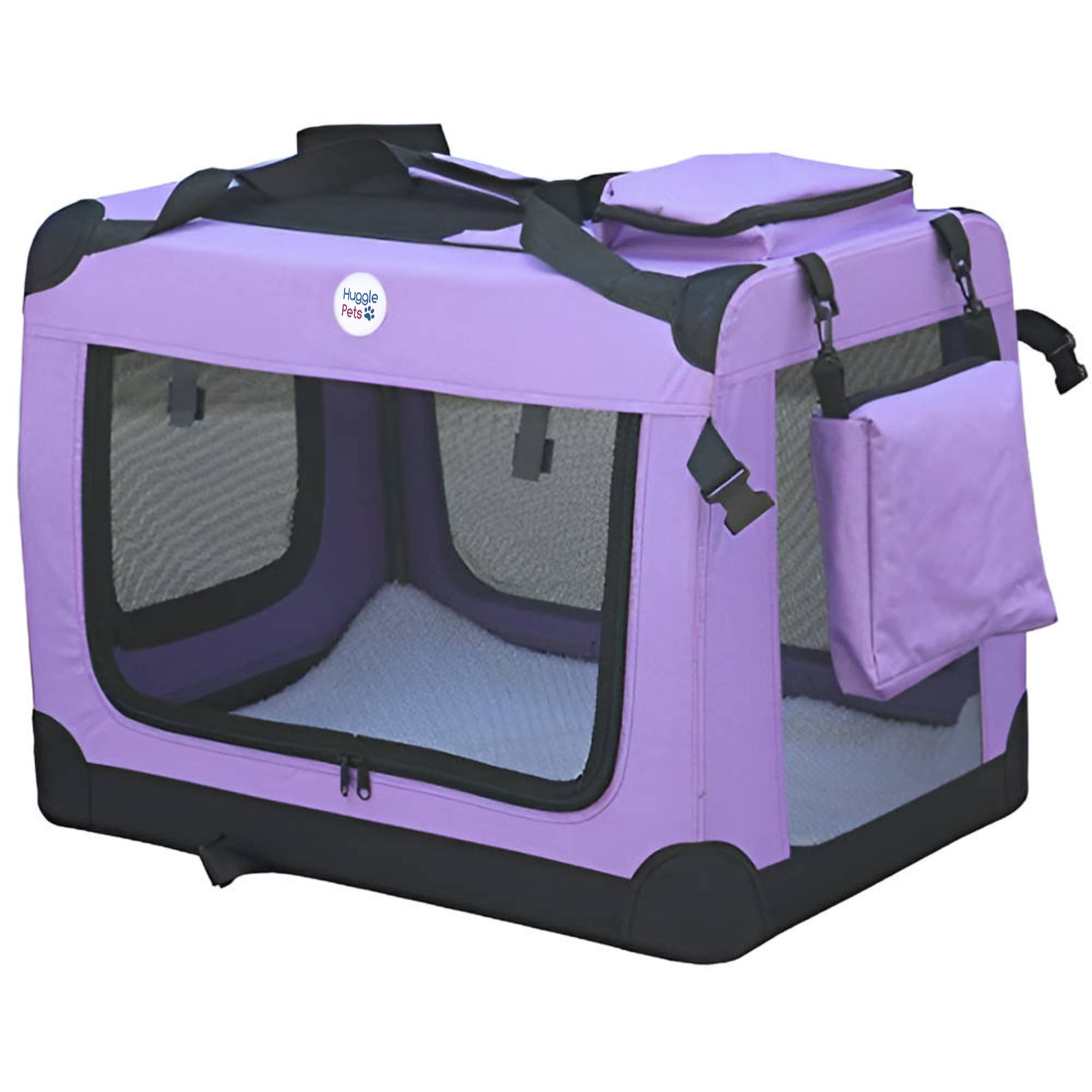 HugglePets Foldable Fabric Pet Crate Carrier - Purple (Medium 60 x 42cm) Lightweight & Ventilated Double Door Carrier for Dogs & Cats with Sheepskin Mat. Ideal for Home & Travel. โ image 1