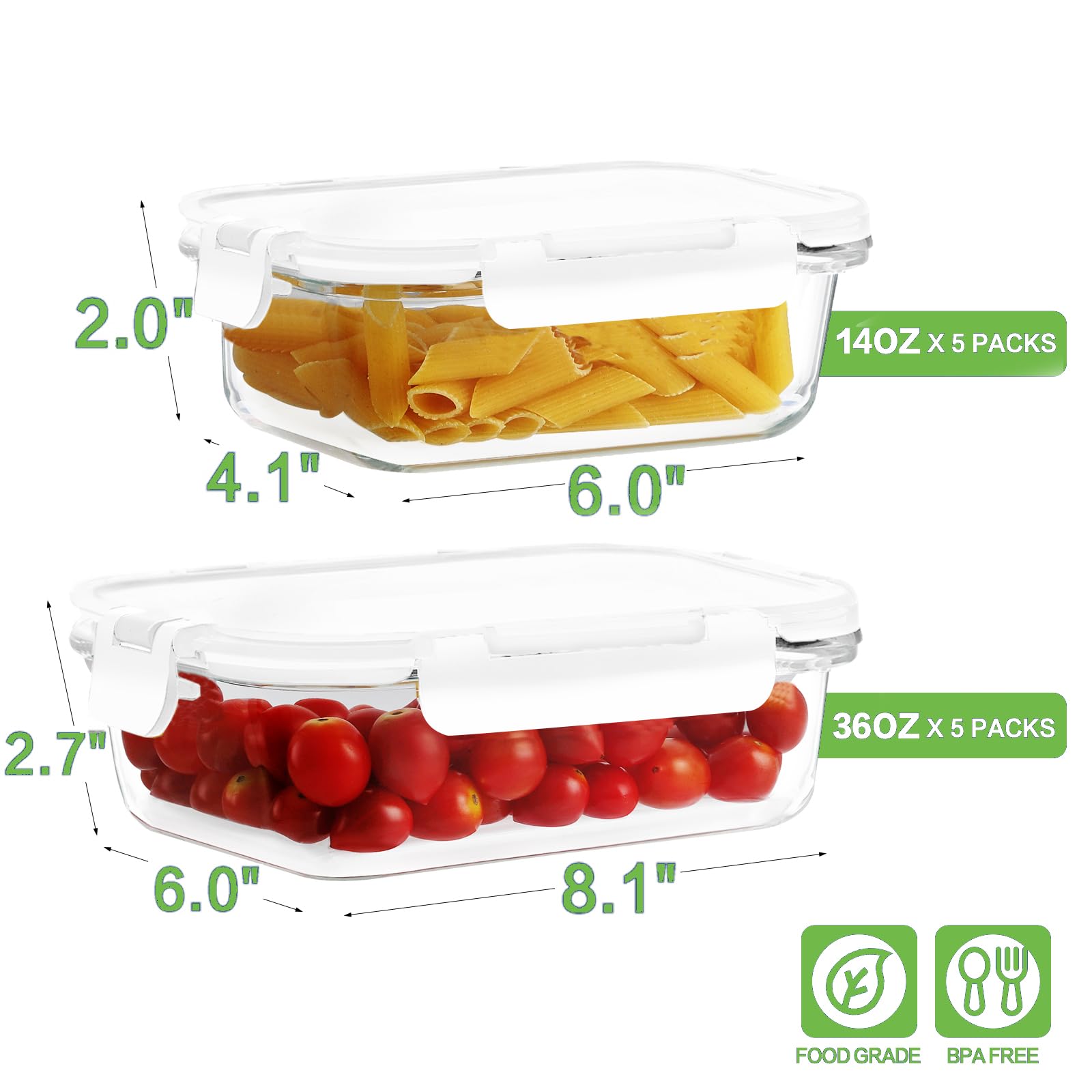 HOMBERKING Paquete de 10 recipientes de vidrio de 22 onzas para preparación de comidas, recipientes de vidrio para almacenamiento de alimentos con tapas, cajas bento herméticas de vidrio, sin BPA y a