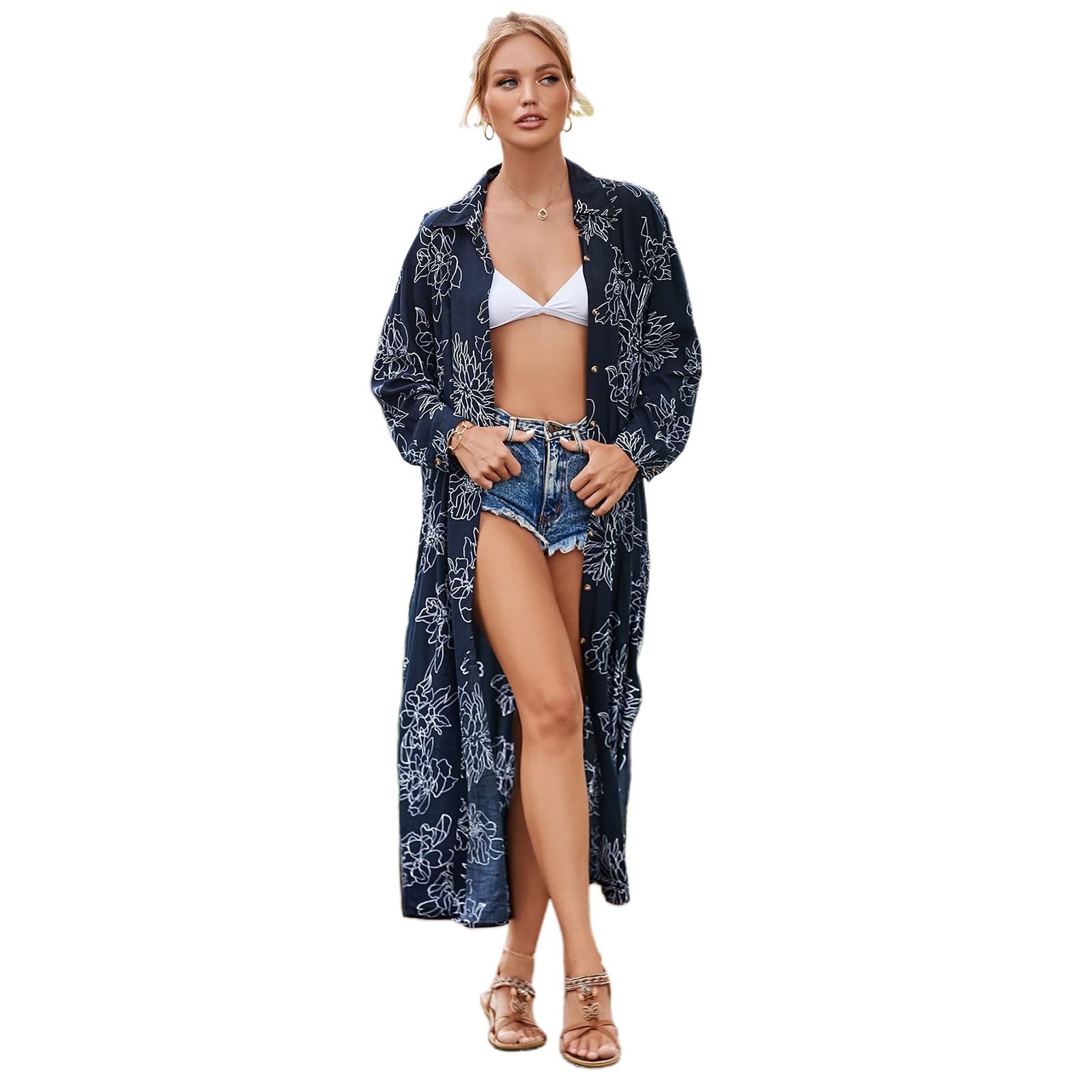 Kaohxzklcn Pareos de verano para mujer, vestido de playa con estampado floral, chal suelto, ropa de playa, cárdigan largo de verano, cárdigan tipo kimono abierto para mujer, largo