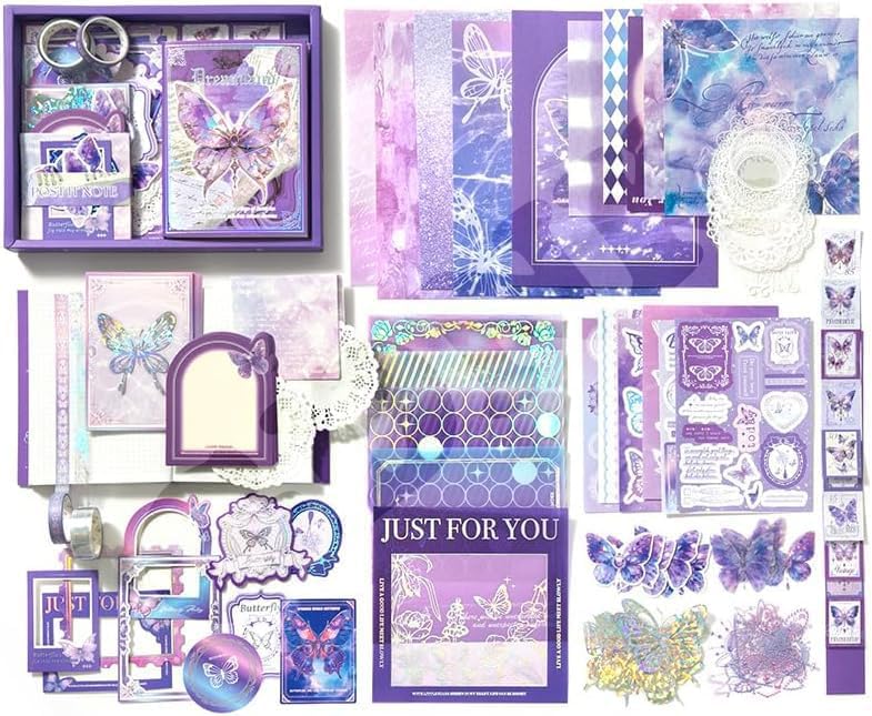 Image of GDNK Scrape Book Kit Scrapbooking Kit Vintage Journal Scrapbook Pack DIY Paper Stickers, Craft Kits Notebook, Collage Album Aesthetic Sticker Journaling Scrapbook Photo Album (Purple Butterfly)
