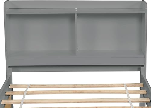 Miniatura 8 de MERITLINE Cama individual con cama nido de tamaño individual y cabecero de estantería, camas de plataforma de madera maciza con almacenamiento para