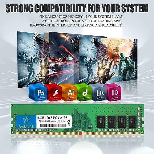 Image of RASALAS 16GB DDR4 2133MHz PC4-17000 Non-ECC Unbuffered 1.2V CL15 1Rx8 Single Rank 288 Pin UDIMM Desktop Memory RAM Module Upgrade