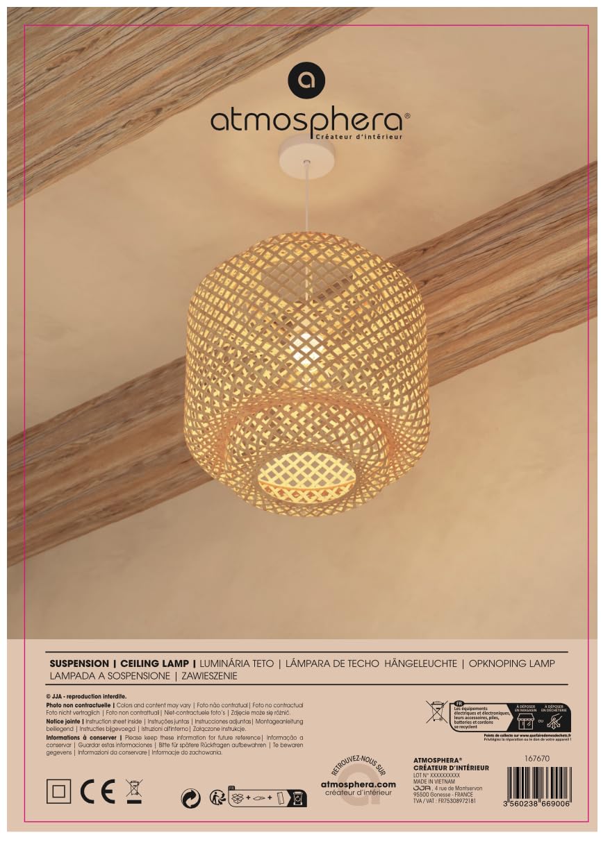 TIENDA EURASIA - Lampara Techo, Lampara Colgante Techo de Fibra de Bambu, Tamaño 38 x 40 cm, Casquillo E27, 40W Max, Cable 80 cm, Perfecta Lampara de Salon, Dormitorio, Estudio, Porche