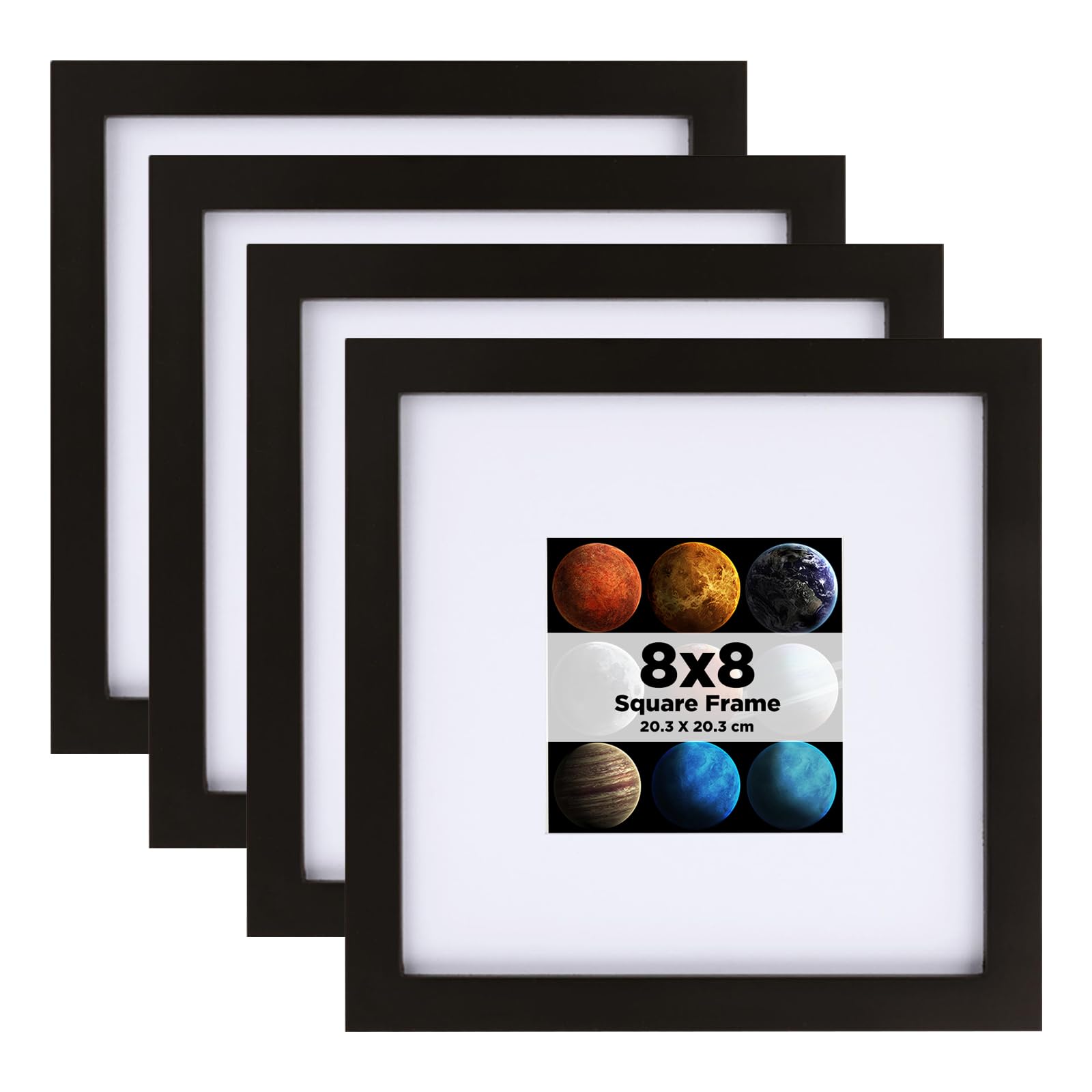 Egofine Black 8X8 Photo Frames Set Of 4, Solid Wood Picture Frames With Plexiglass For Picture 4X4 With Mat Or 20X20cm Without Mat,Tabletop And Wall Mounting Display,