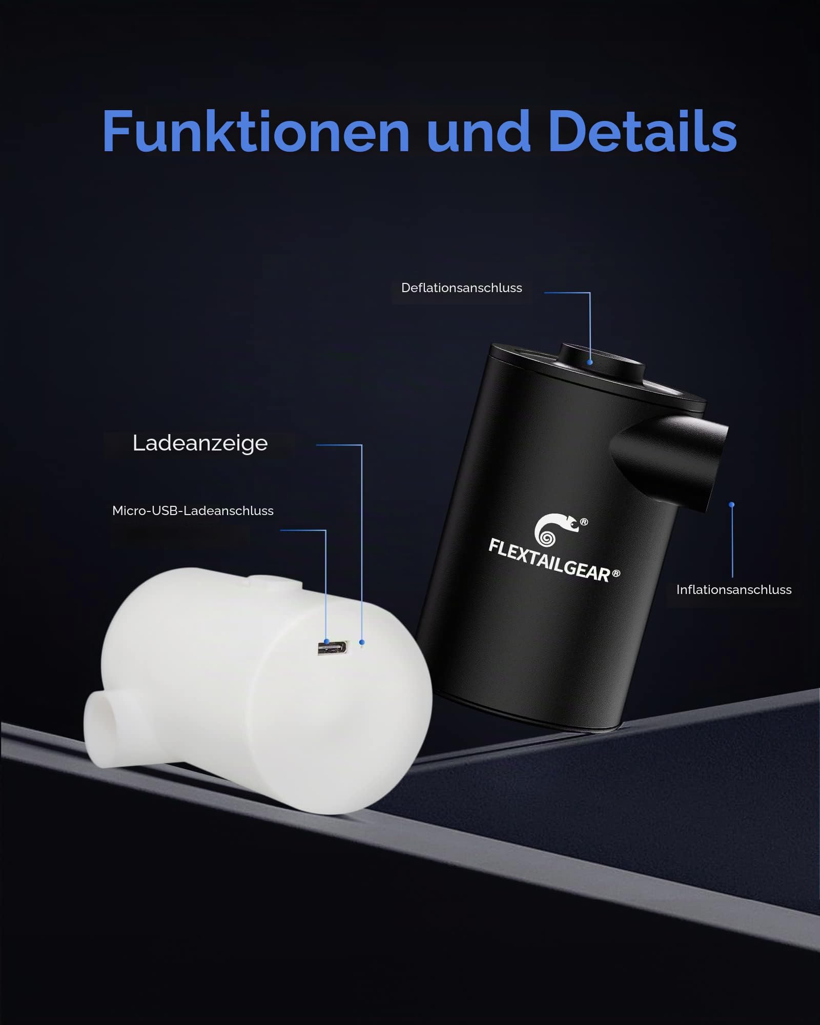 FLEXTAILGEAR Elektrische Luftpumpe 2 in 1 Kompakt Kleine Camping Pumpe, Vakuumpumpe, Akkupumpe 3 Düsen für Luftmatratze, Sofa, Pool, Boot, Schwimmring, Vakuumbeutel