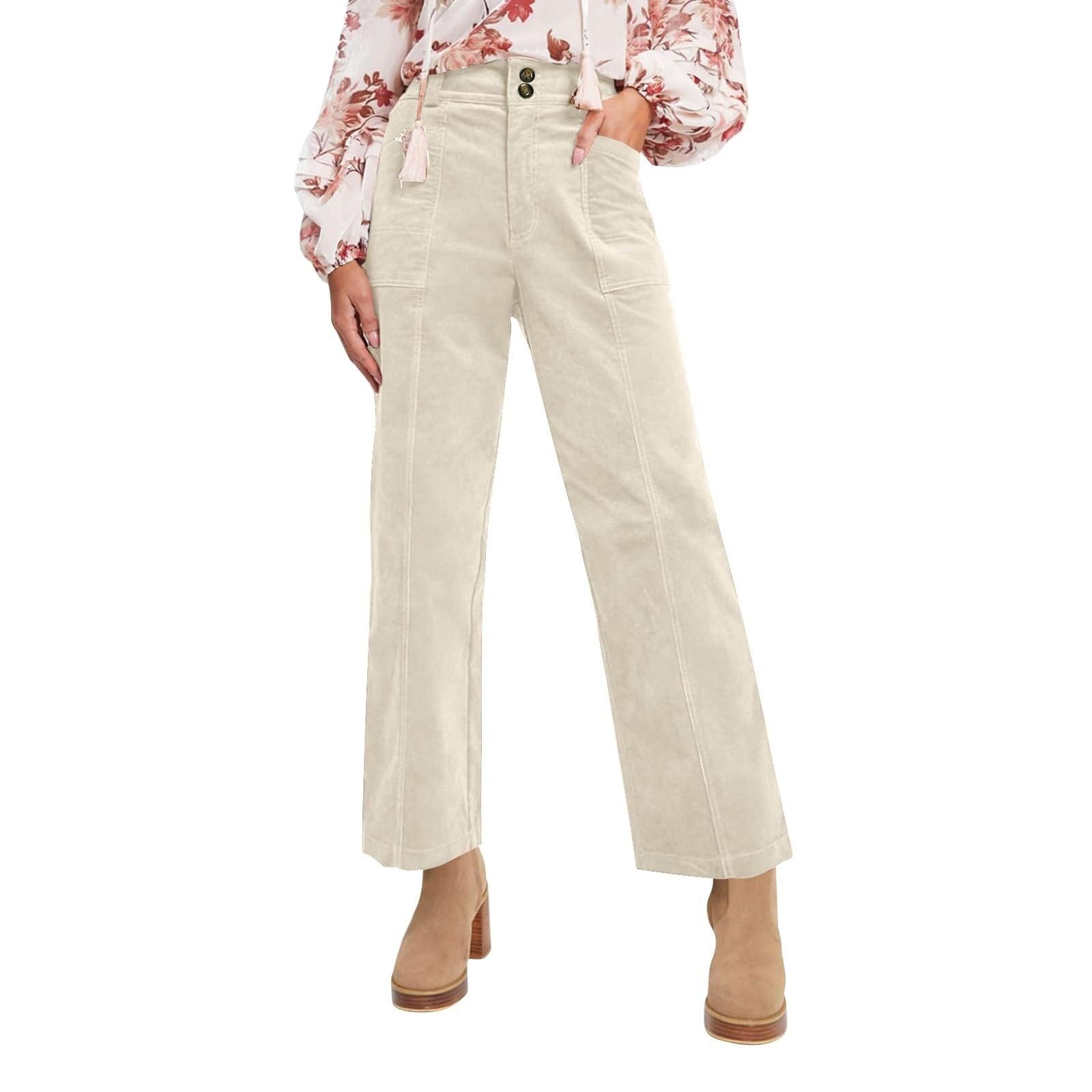 Womens Corduroy Pants Straight Leg High Waisted Button Down Cord Pant Dressy Casual Work Trousers with Pockets