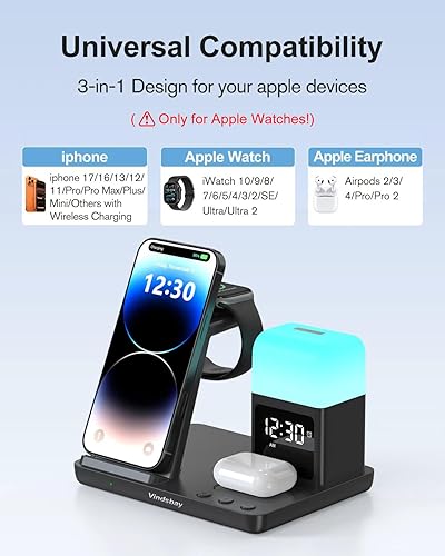 Miniatura 5 de Estación de carga inalámbrica Reloj despertador con 8 luces nocturnas táctiles: soporte de cargador 5 en 1 para dispositivos Apple - Base de carga
